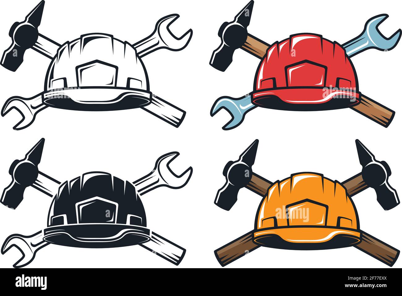 Hard hat crossed hammer and spanner retro emblem Stock Vector Image
