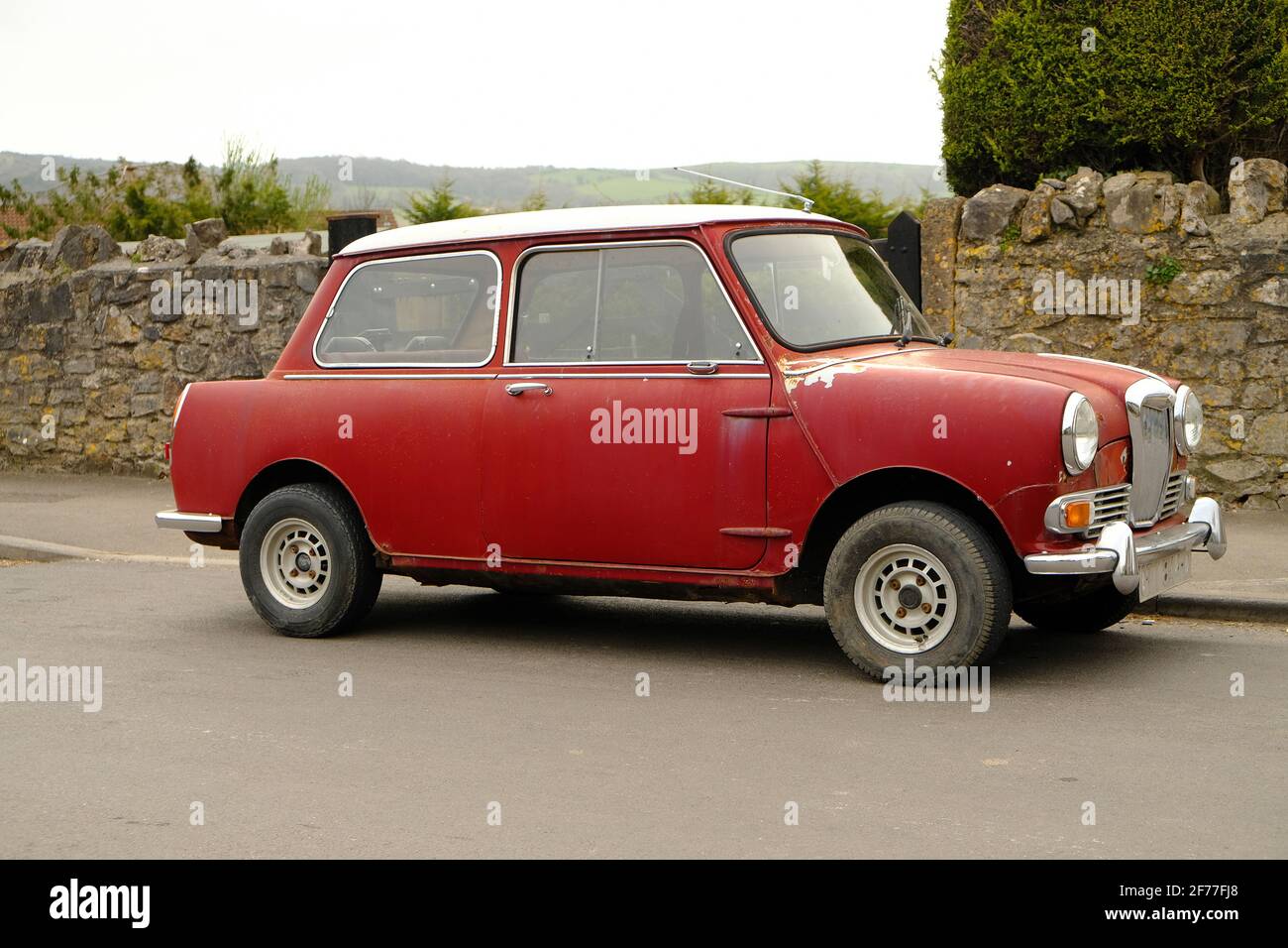 April 2021 1966 Riley Elf mark II undergoing restoration while still being used - Somerset, UK. Stock Photo