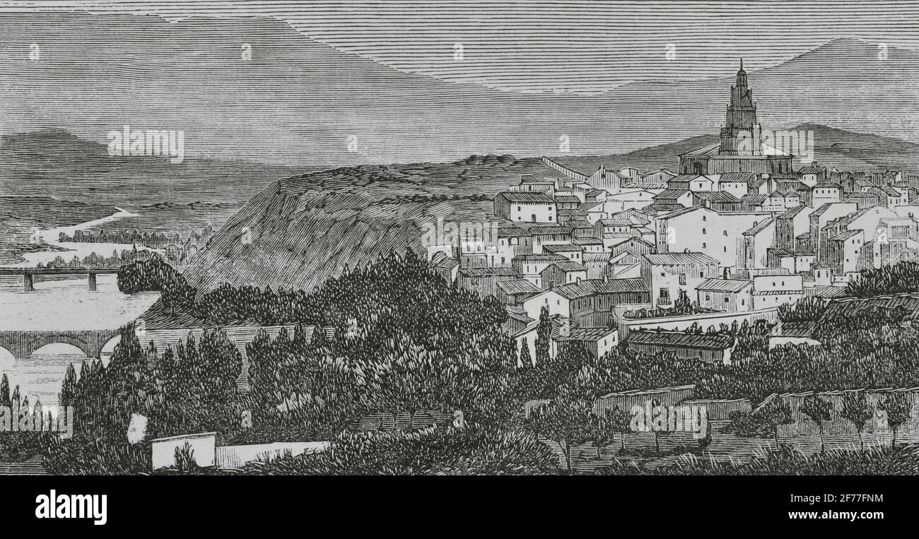Spain, Haro. General view of the town. Engraving. Crónica General de España, Historia Ilustrada y Descriptiva de sus Provincias. Castilla-La Vieja, 1870. Stock Photo