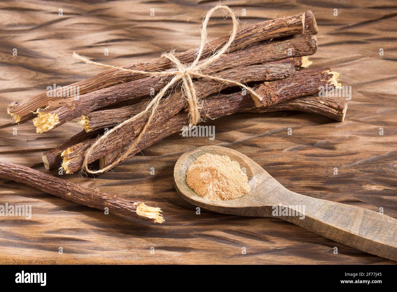 Stems and licorice powder Glycyrrhiza glabra. Licorice root has