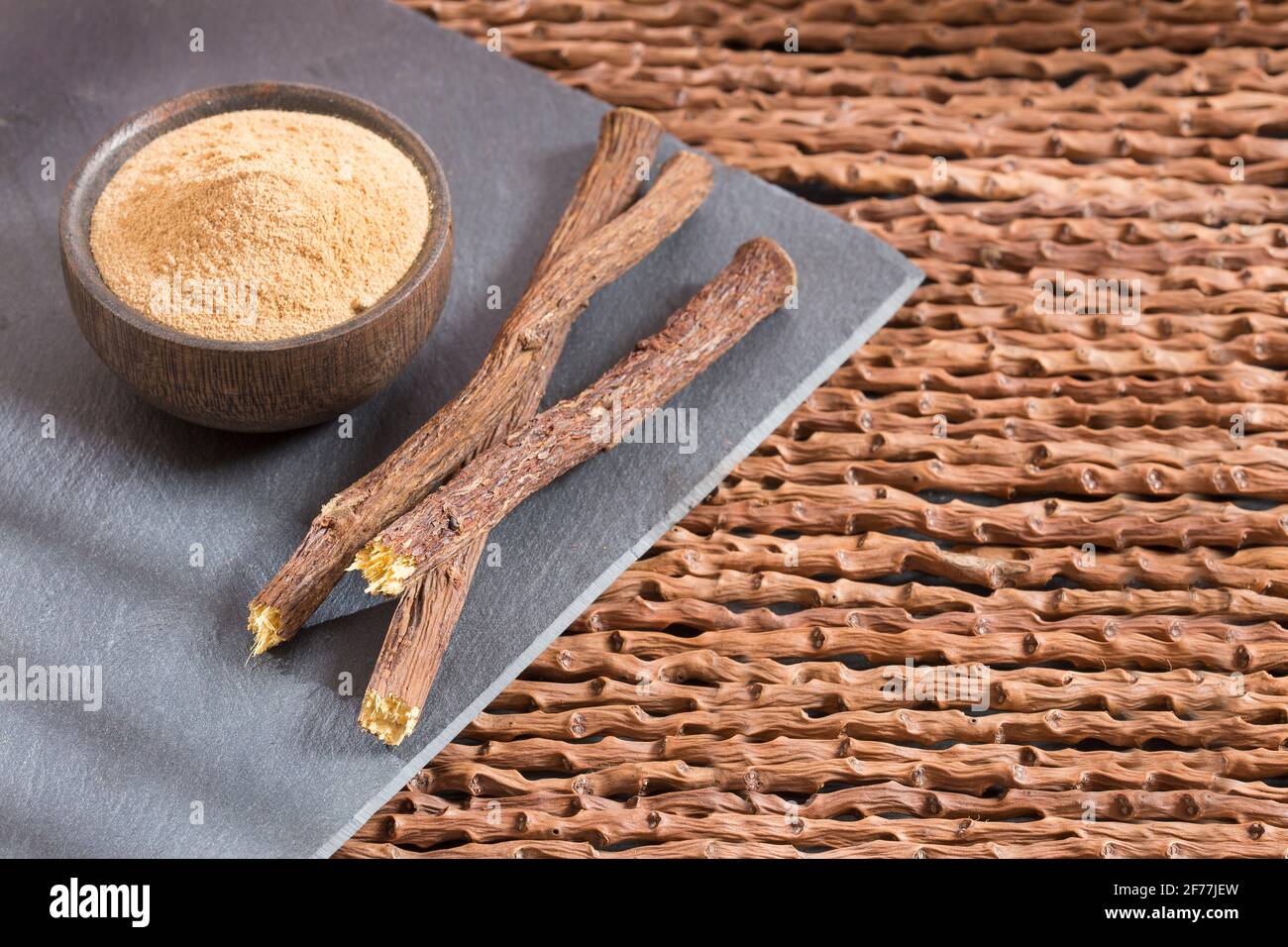 Stems and licorice powder Glycyrrhiza glabra. Licorice root has