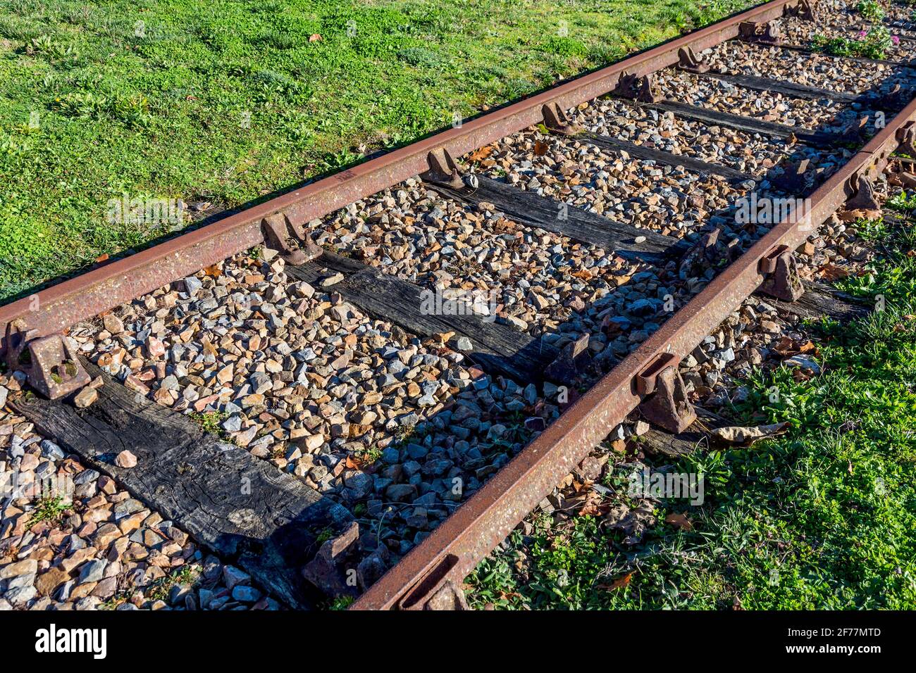Length of disused railway track in industrial heritage park, Le Blanc, Indre (36), France. Stock Photo