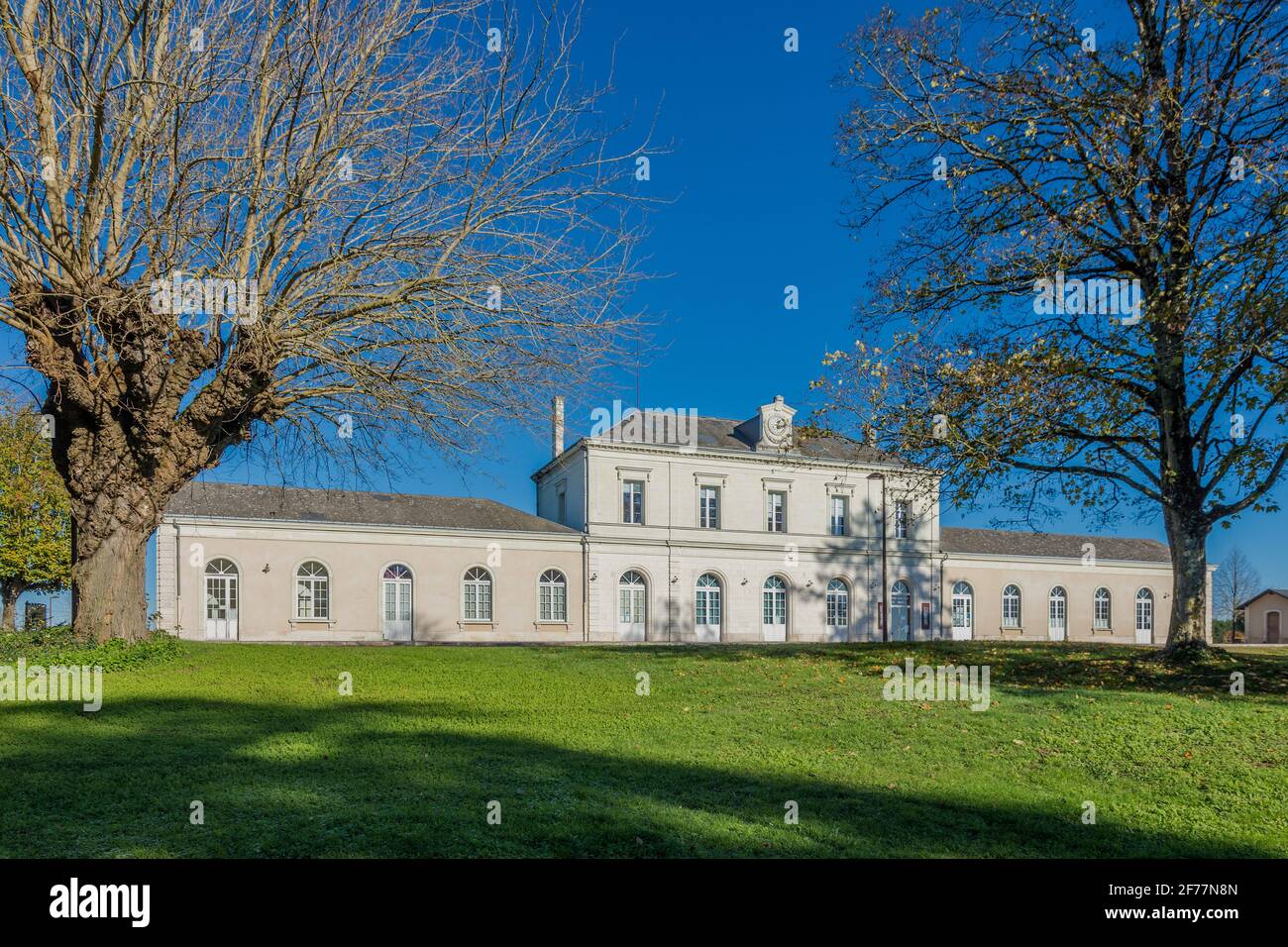 Disused railway station converted to other uses and functions, Le Blanc, Indre (36), France. Stock Photo