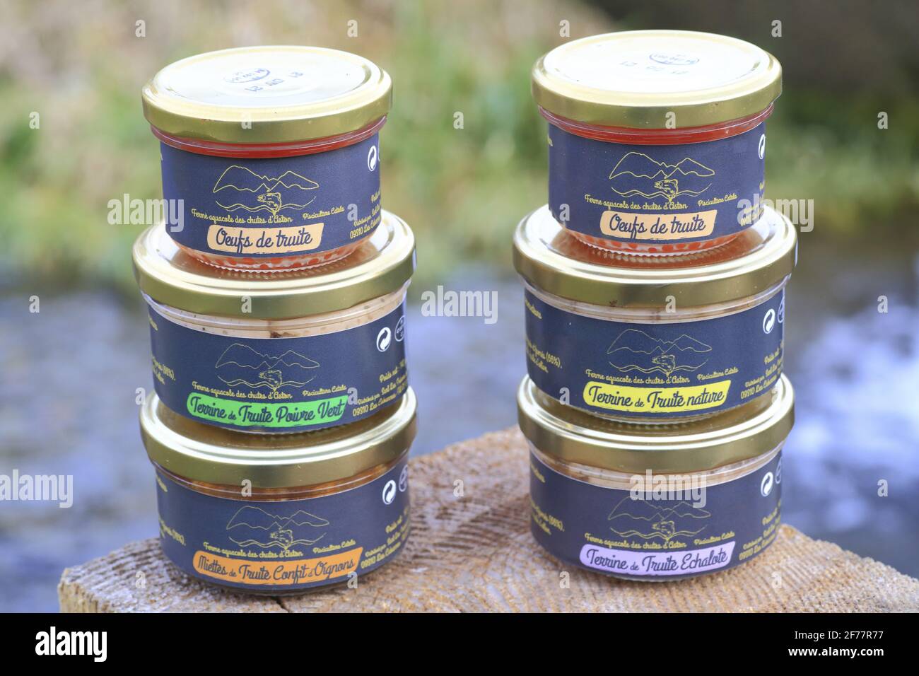 France, Ariege, Aston valley, Les Cabannes, Chutes D'Aston fish farm, products derived from farmed trout (eggs, terrines, rillette) Stock Photo
