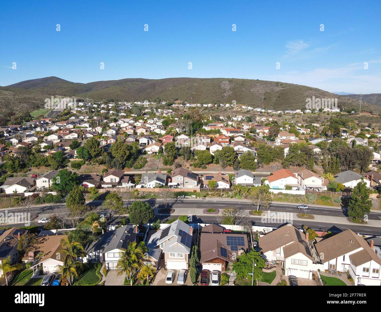 Aerial view of Carmel Mountain neighborhood with Black Mountain. San