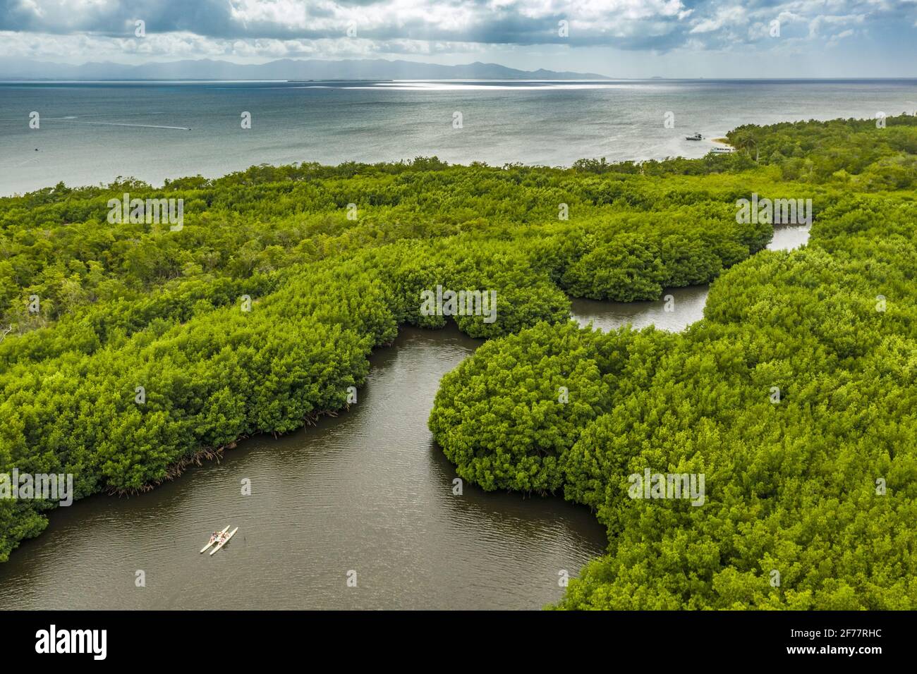 France, Caribbean, French West Indies, Guadeloupe, Grande-Terre,  Morne-à-l'Eau, Guadeloupe National Park, Grand Cul-de-Sac marin, Discovery  of the mangrove from Vieux-Bourg by sea bike, aerial view of the entrance  to the Gaschet river