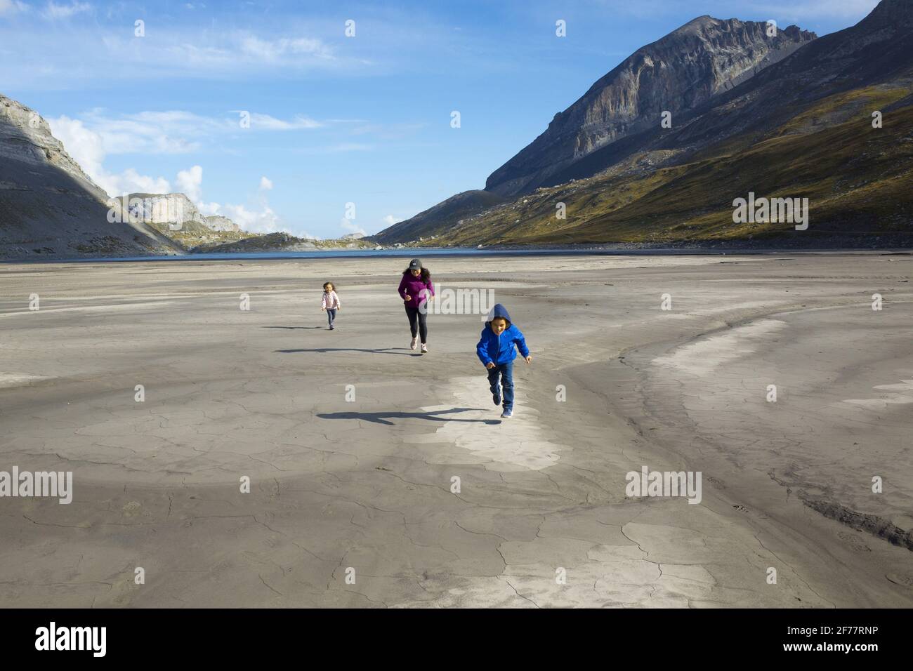 Switzerland, Wallis, Leukerbad, trekking towards a lake under Gemmipass Stock Photo