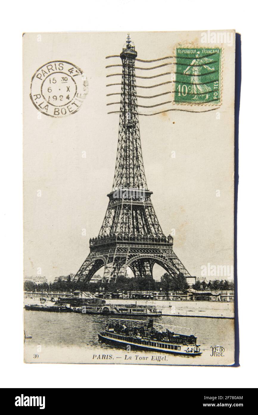 France, Paris (75), Grenelle district, old postcard (1924) with the Eiffel Tower Stock Photo