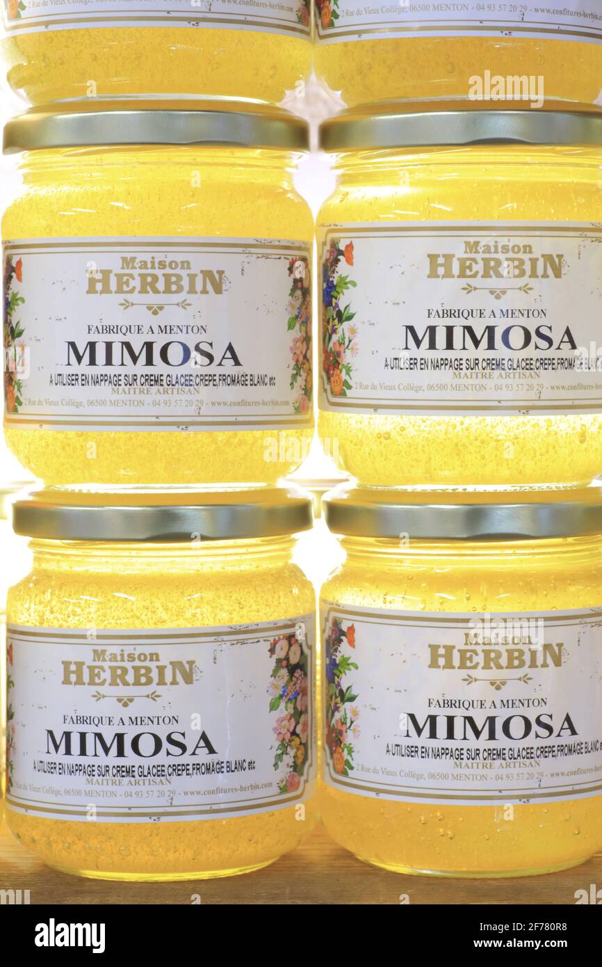 France, Alpes Maritimes, Menton, Maison Herbin, artisanal production of jams, mimosa jams Stock Photo