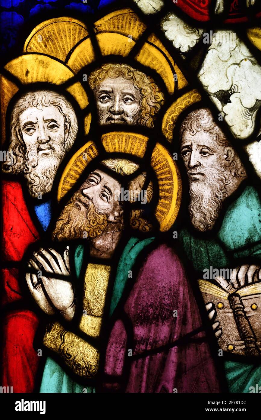 Germany, Baden Wurttemberg, Freiburg im Breisgau, Augustinermuseum, Part of a depiction of the Last Judgement: St John the Baptist and apostles stained glass, C.1430 Stock Photo