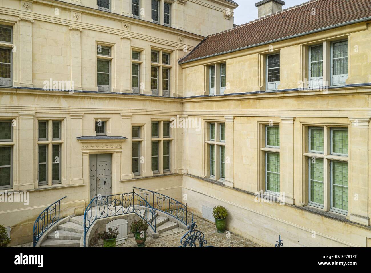 France, Aisne, Château-Thierry, Jean de La Fontaine Museum - city of Chateau-Thierry in the birthplace of the poet and writer, the Renaissance facade and the steps on the courtyard side Stock Photo