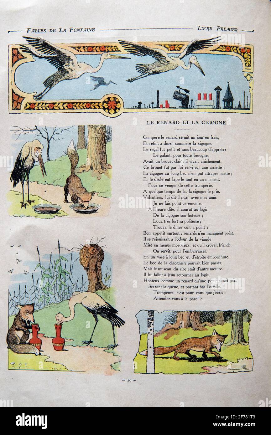 France, Aisne, Château-Thierry, Jean de La Fontaine Museum - city of Chateau-Thierry, La Fontaine's Fables book illustrated by Benjamin Rabier, Edition Jules Tallandier, 1906, in-folio, the Fox and the Stork fable XVIII from book I Stock Photo