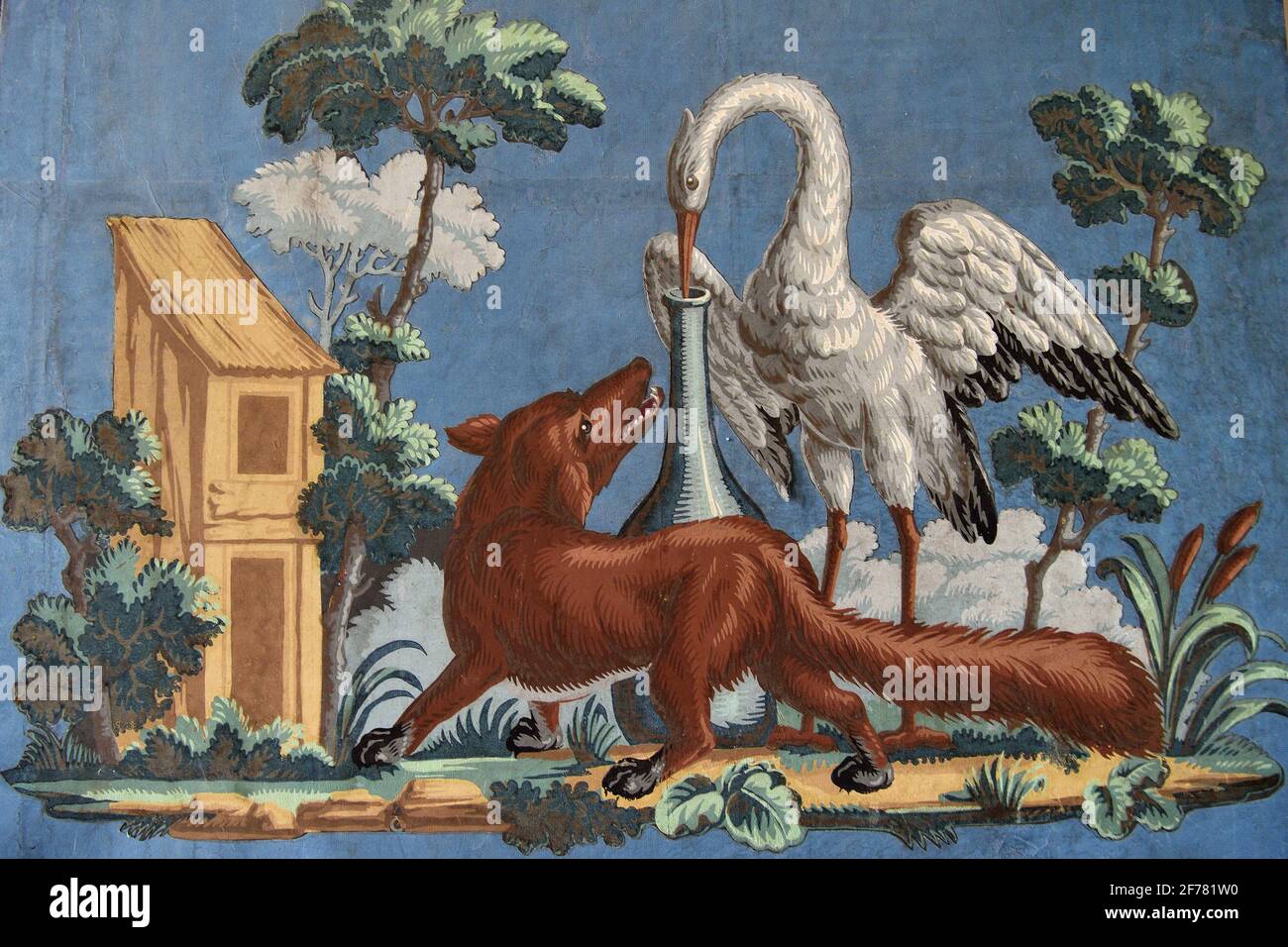 France, Aisne, Château-Thierry, Jean de La Fontaine Museum - city of Chateau-Thierry, illustration of the Fable the Fox and the Stork on an 18th century wallpaper after the painter Jean Baptiste Oudry Stock Photo