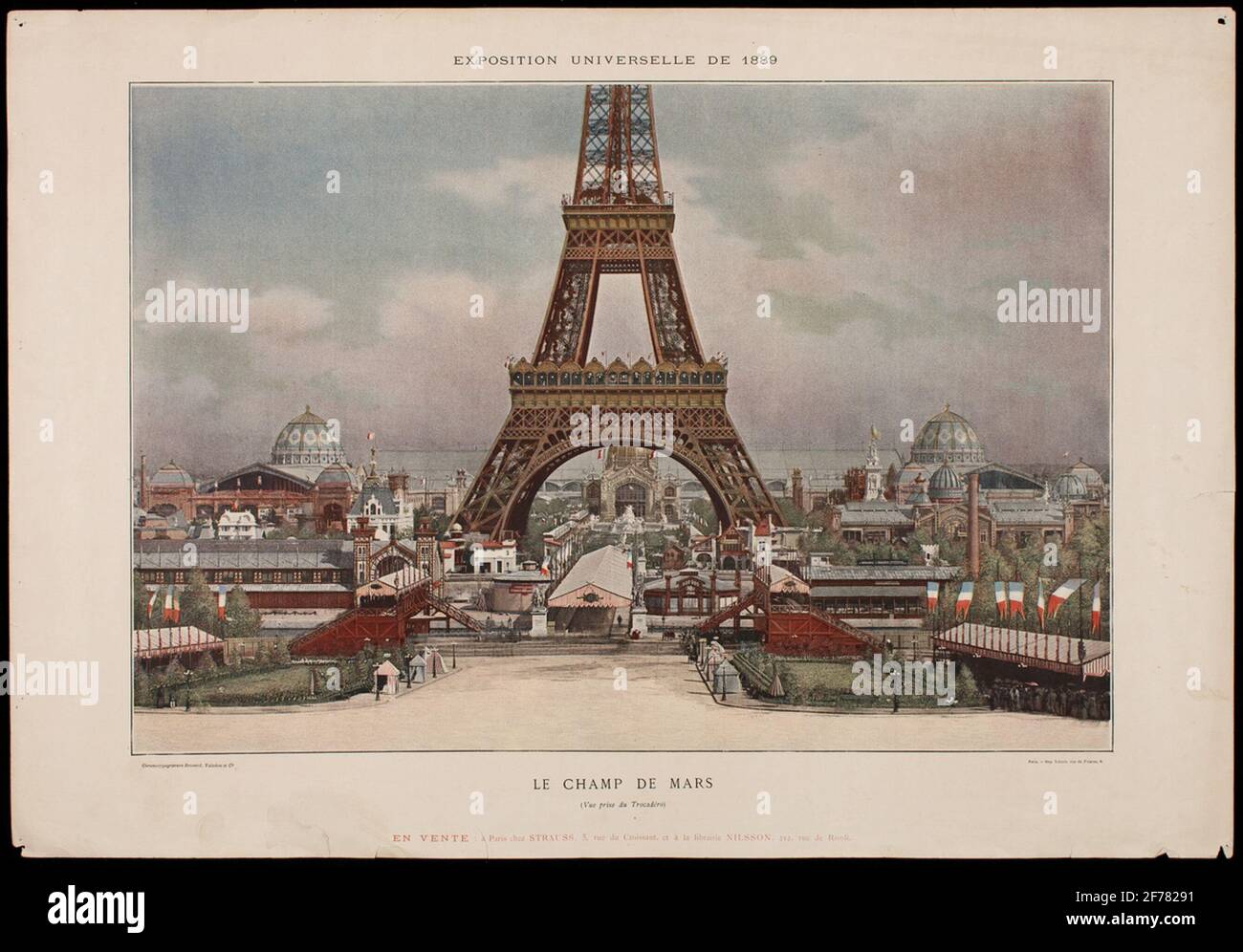Painting with motives of etching the view of the world exhibition in 1889, Exposition Universal De 1889. View of the Eiffel Tower and Champ de Mars against Trocadero. Stock Photo