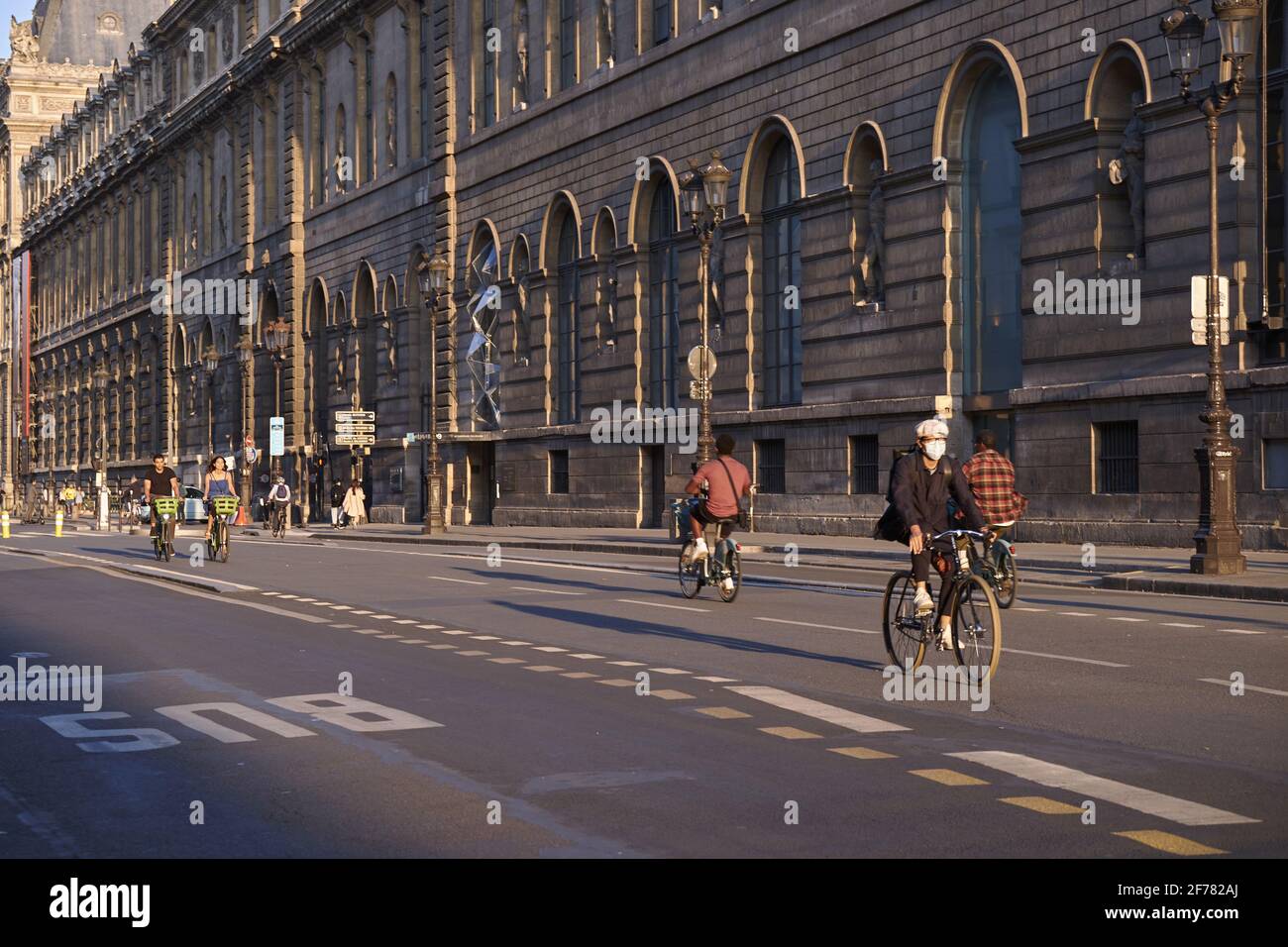 France, Paris, area listed as World Heritage by UNESCO, Rue de Rivoli, which has become a bicycle and bus route, closed to cars and two wheelers Stock Photo