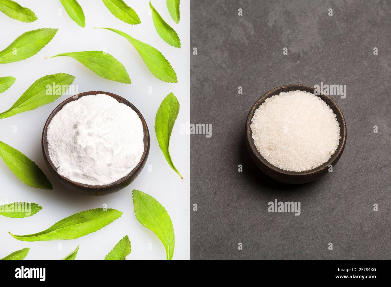 Refined sugar stevia leaves and powder. Stevia rebaudiana Substitute