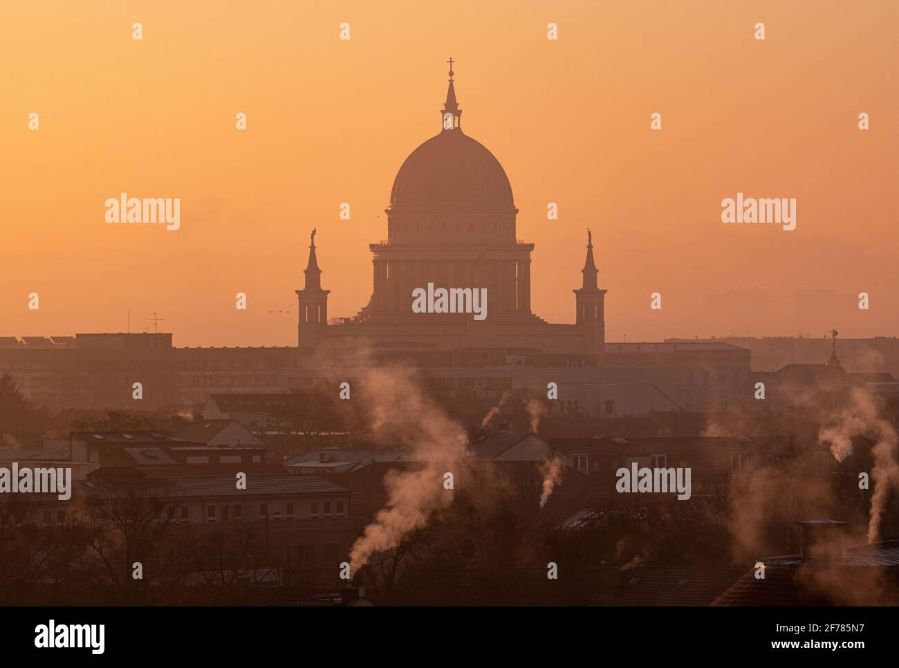 The Nikolaikirche in Potsdam at sunrise, shot from Weinberg Stock Photo