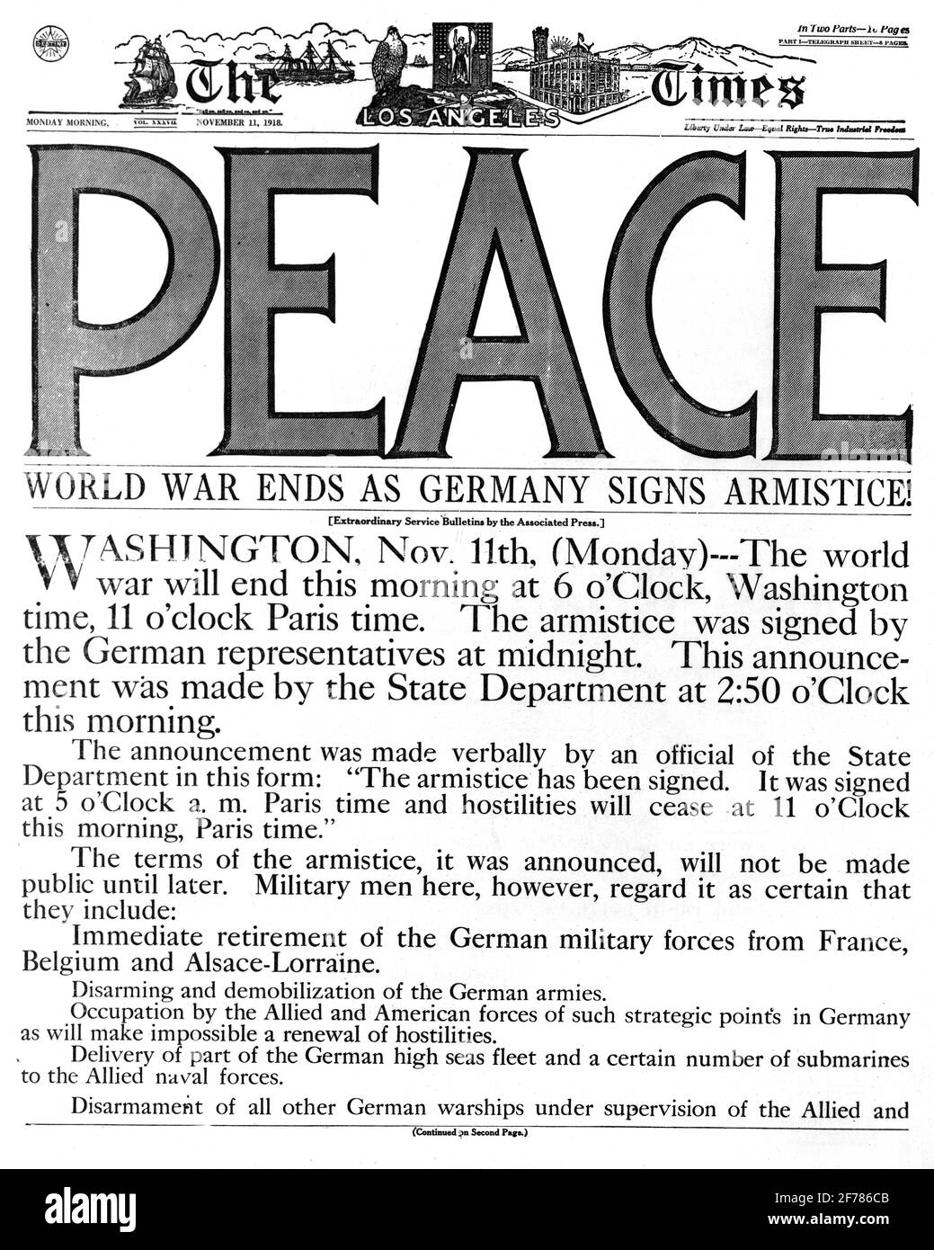 1910s THE LOS ANGELES TIMES NEWSPAPER NOVEMBER 11 1918 HEADLINE PEACE WORLD WAR ENDS GERMANY SIGNS ARMISTICE LOS ANGELES CA USA - asp h1074 ASP001 HARS ENDS LOS ANGELES OLD FASHIONED TREATY WORLD WAR I Stock Photo