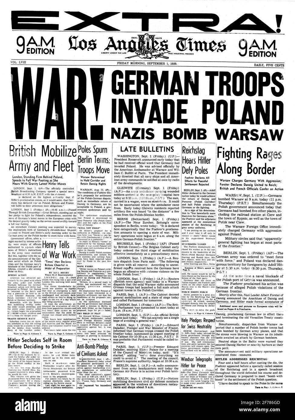1930s THE LOS ANGELES TIMES NEWSPAPER SEPTEMBER 1 1939 HEADLINES WAR GERMAN TROOPS INVADE POLAND NAZIS BOMB WARSAW CA USA - asp h1089 ASP001 HARS INVADE NAZIS WARSAW BEGINNING BLACK AND WHITE LOS ANGELES OLD FASHIONED Stock Photo