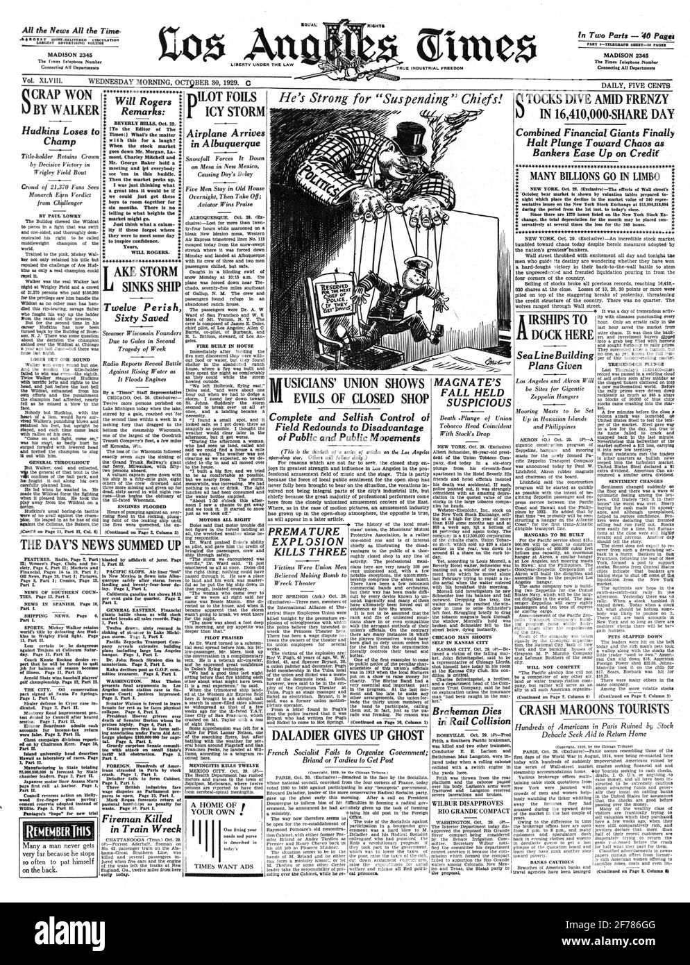 1920s THE LOS ANGELES TIMES NEWSPAPER OCTOBER 30 1929 HEADLINE STOCKS DIVE AMID FRENZY IN 16410000 SHARE DAY CA USA - asp h1080 ASP001 HARS OLD FASHIONED Stock Photo