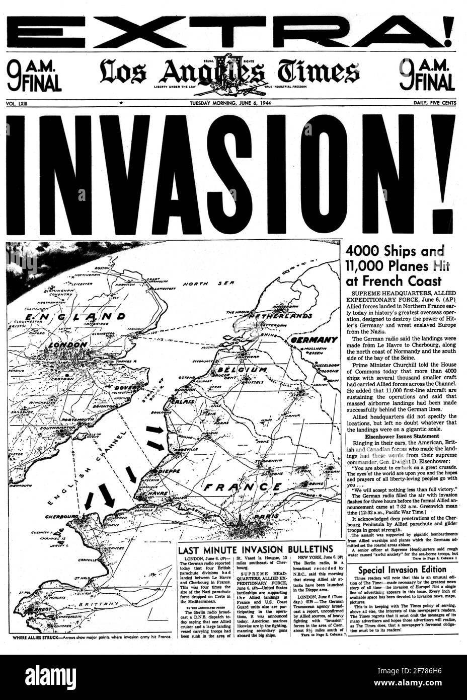 1940s THE LOS ANGELES TIMES NEWSPAPER JUNE 6 1944 HEADLINES INVASION ALLIED FORCES INVADE FRANCE D-DAY WORLD WAR 2 CA USA - asp h1091 ASP001 HARS POLITICS D-DAY EXTRA FORCES STILL LIFE FOURTH ESTATE JUNE 6 WORLD WAR 2 D INVADE NAZIS 1944 ALLIED ALLIES BLACK AND WHITE JUNE OLD FASHIONED Stock Photo