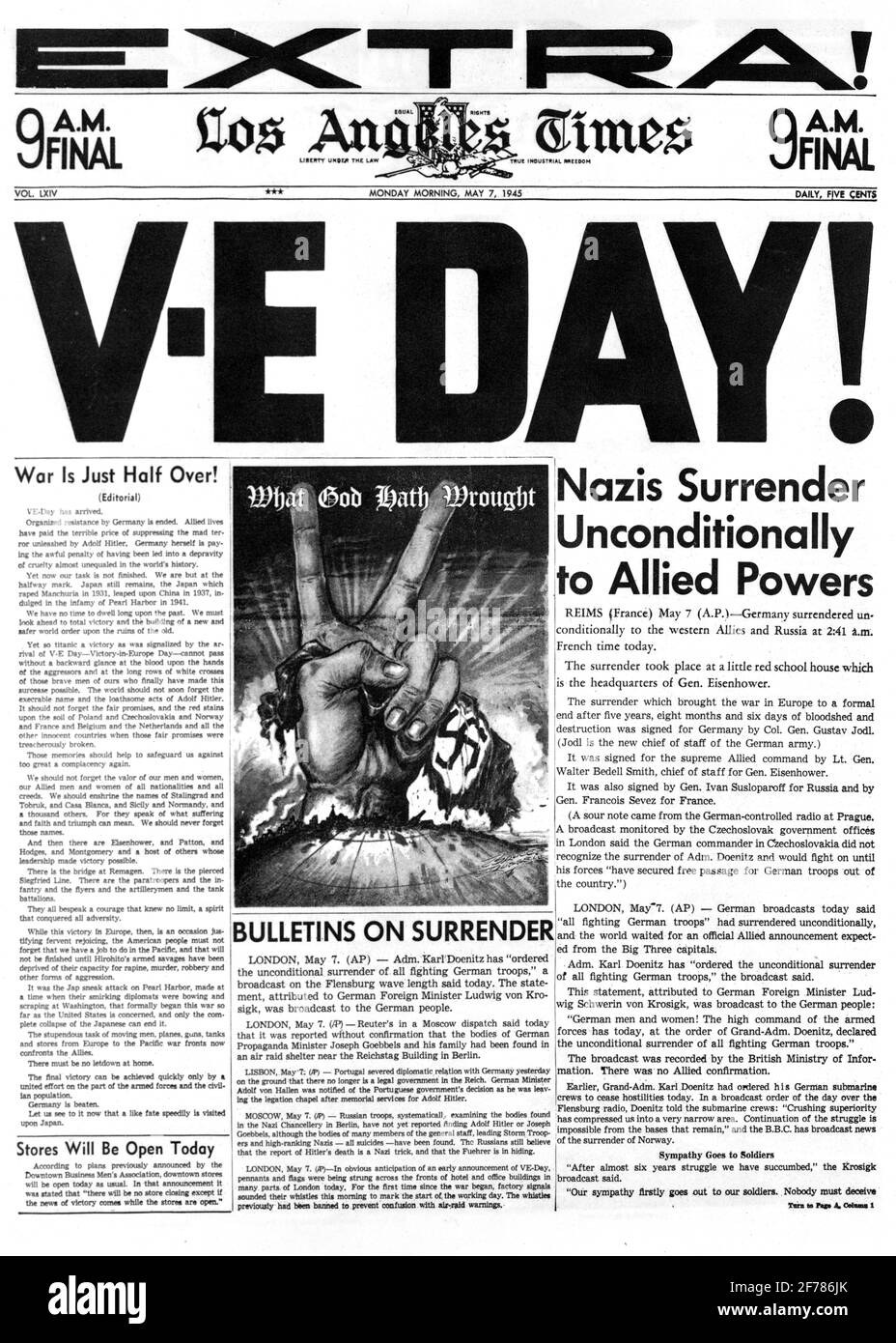 1940s THE LOS ANGELES TIMES NEWSPAPER MAY 7 1945 HEADLINE V-E DAY NAZIS SURRENDER UNCONDITIONALLY TO ALLIED POWERS CA USA - asp h1093 ASP001 HARS NAZI WORLD WAR 2 1945 MAY 7 NAZIS POWERS SURRENDER V-E ALLIED ALLIES BLACK AND WHITE OLD FASHIONED Stock Photo