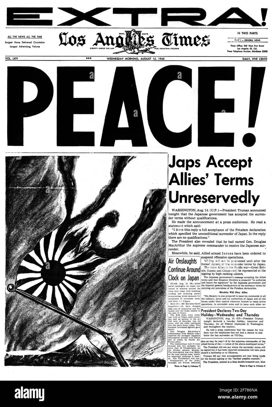 1940s THE LOS ANGELES TIMES NEWSPAPER AUGUST 15 1945 HEADLINE PEACE JAPS ACCEPT ALLIES’ TERMS UNRESERVEDLY CA USA - asp h1094 ASP001 HARS ACCEPT ARMISTICE SURRENDER TERMS ALLIES AUGUST BLACK AND WHITE ENDING OLD FASHIONED Stock Photo