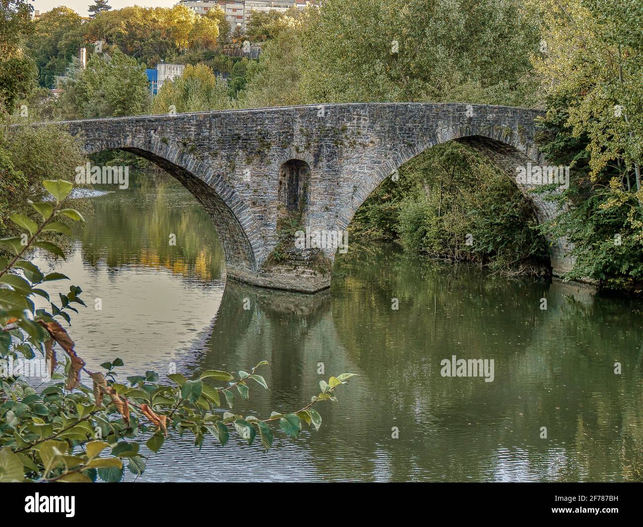 the stone bridge Puente Magdelena with two arches over the Rio Arga in Pamplona, Spain, October 15, 2009 Stock Photo