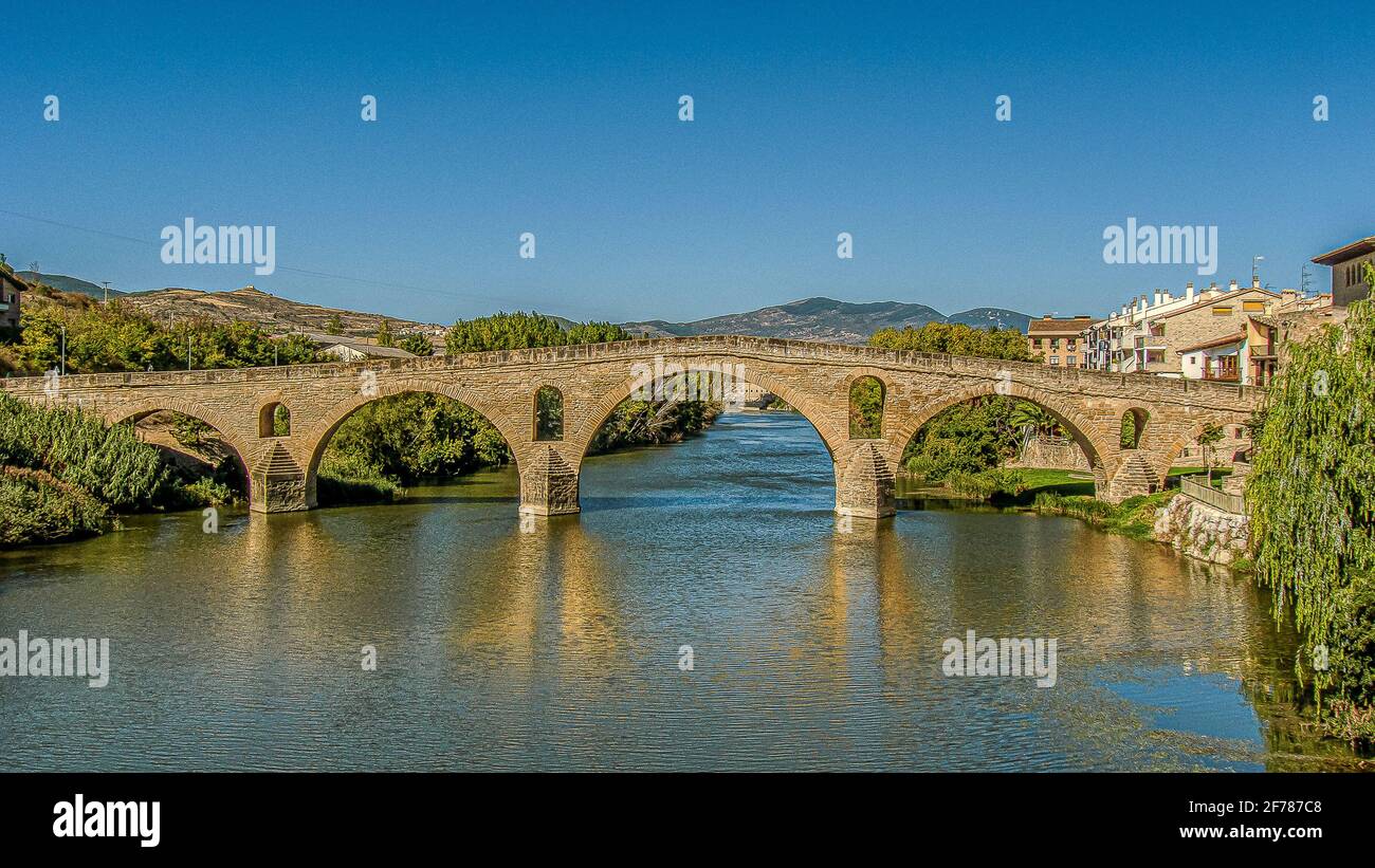 six-arched Romanesque bridge over the rio Arga on the way to Santiago de Compostela, Spain, October 16, 2009 Stock Photo