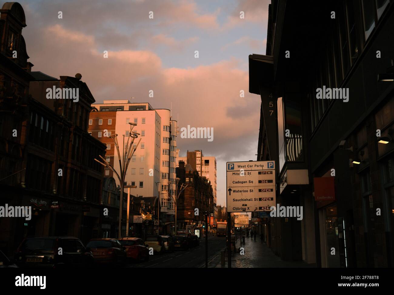 Sauchiehall Street, Glasgow City centre. At sunset. April 2021 Stock Photo