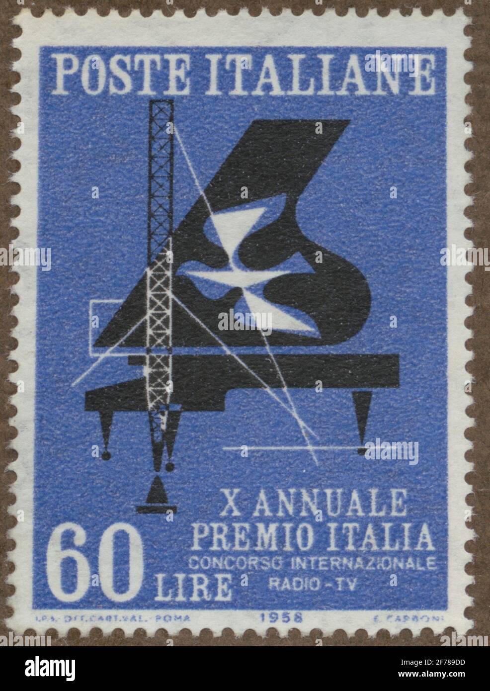 Stamp out of Gösta Bodman's Philatelist's motive collection, started in  1950.The stamp from Italy, 1958. Motions of concert wing, pigeon and radio  mast. "10-year memory of" Prix Italia: international radio and television