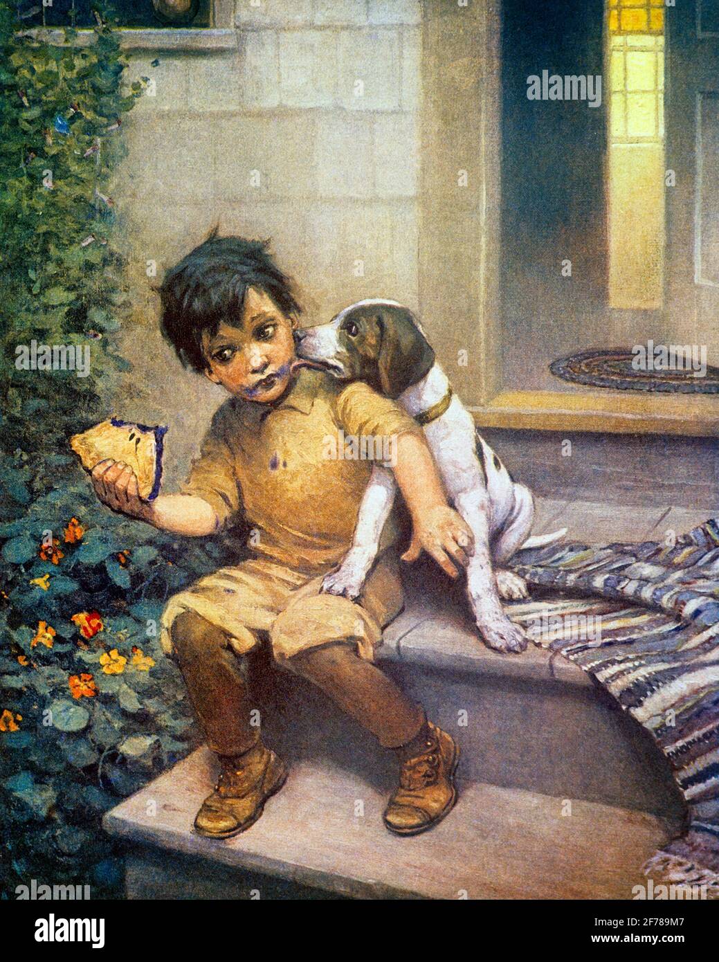 1910s LOVE OR PIE BOY SITTING DOOR STEP EATING PIECE BERRY PIE TRYING TO KEEP DOG FROM LICKING HIS FACE LIFE ISSUE DECEMBER 1912 - kh13527 NAW001 HARS HEALTHINESS HOME LIFE BEGGING COPY SPACE FRIENDSHIP FULL-LENGTH CARING MALES PETS TEMPTATION LICKING HAPPINESS MAMMALS HIS STRATEGY CANINES EXCITEMENT TRYING OF OPPORTUNITY DECEMBER POOCH CONNECTION KEEP CONCEPTUAL BERRY ISSUE STYLISH OR CANINE GROWTH JUVENILES MAMMAL RELAXATION TOGETHERNESS 1912 CAUCASIAN ETHNICITY OLD FASHIONED Stock Photo