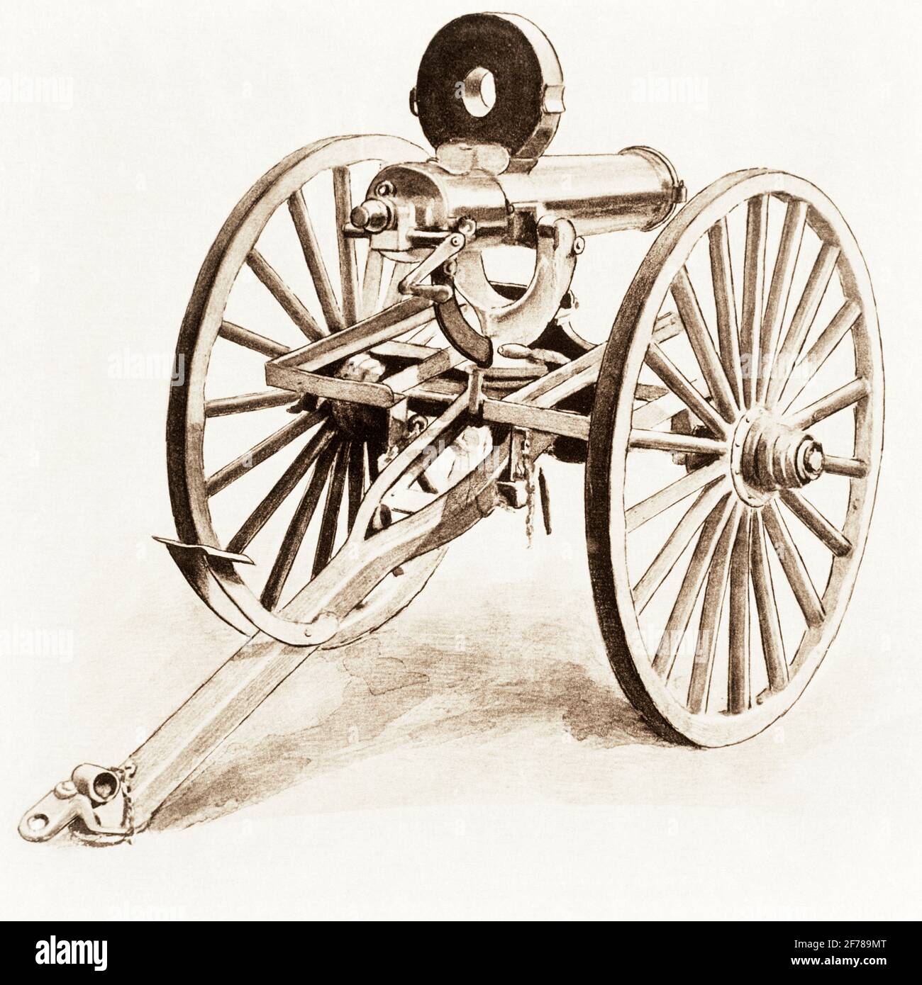 1880s DRAWING OF A GATLING MACHINE GUN UNITED STATES ARMY FIELD ARTILLERY PIECE READY FOR ACTION WITH ACCLES FEED DRUM MAGAZINE - kh13539 NAW001 HARS SOLUTIONS ARTILLERY BLACK AND WHITE INVENTED OLD FASHIONED Stock Photo