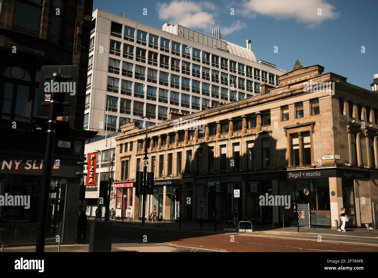 Sunny day in empty Sauchiehall Street (Showing the CCA, designed by Alexander Greek Thomson) Glasgow. City centre April 2021 Stock Photo