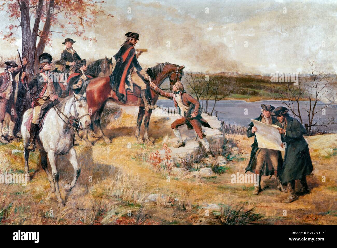 1700s 1776 GEORGE WASHINGTON WATCHING BATTLE OF FORT WASHINGTON FROM FORT LEE NJ November 16 1776 PAINTING BY DUNSMORE  - kh6015 PLE001 HARS HUDSON RIVER LEE OLD FASHIONED Stock Photo
