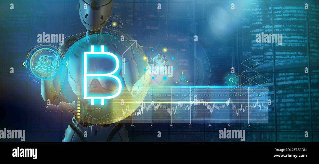 Abstract poster with a robot about bitcoin and cryptocurrencies. 3D render  Stock Photo - Alamy
