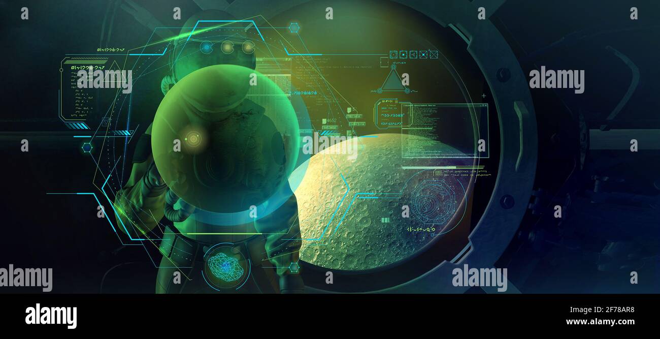 An astronaut explores the moon while in orbit. 3D render Stock Photo