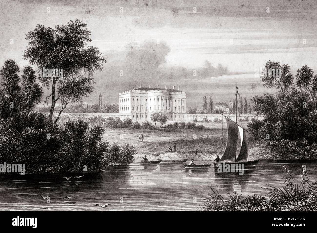 1800s 1810s EARLY VIEW OF THE WHITE HOUSE BOATS IN FOREGROUND DESIGNED BY IRISH-BORN ARCHITECT JAMES HOBAN WASHINGTON DC USA  - q65195 CPC001 HARS EARLY DISTRICT OF COLUMBIA EXTERIOR WORKPLACE PRESIDENTIAL HOMES POLITICS CAPITAL MANSION OFFICIAL RESIDENCE POTOMAC 1810s BLACK AND WHITE DISTRICT FEDERAL FOREGROUND OLD FASHIONED WHITE HOUSE Stock Photo