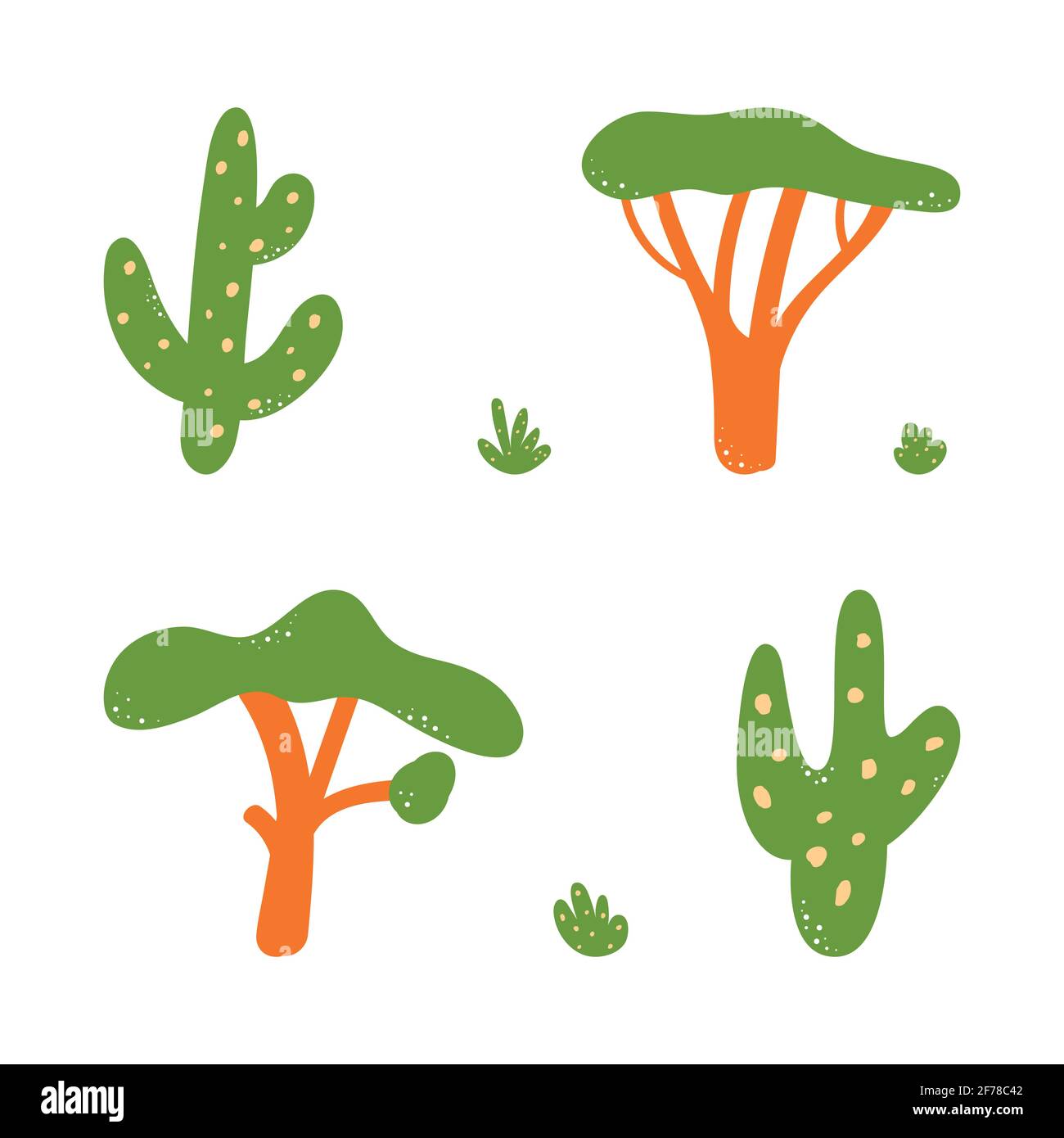 Various African trees and bushes on a white background. Stock Vector
