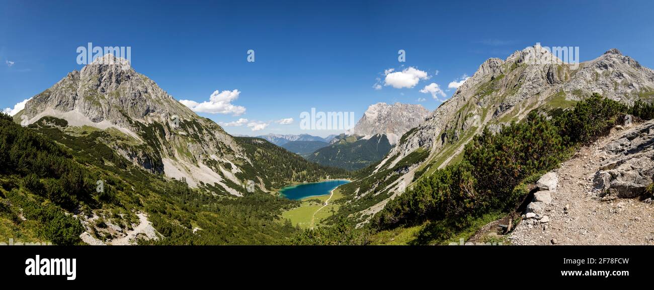 Panorama view of Seebensee lake and Zugspitze mountain in Tyrol, Austria Stock Photo