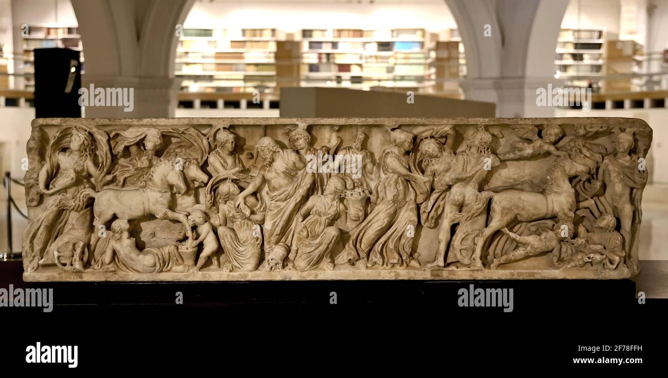 Th abduction of Proserpine. Roman sarcophagus (end of 2nd cent. AD) Marble. Santa Pola, Alicante. Museu arqueologic de Catalunya. Barcelona Stock Photo