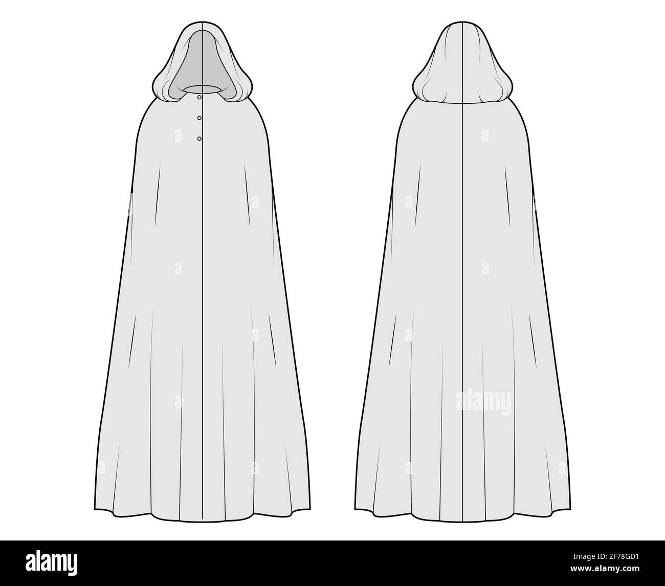 Cloak coat technical fashion illustration with hood, oversized trapeze body, floor maxi length, button closure. Flat jacket template front, back, grey color style. Women, men, unisex top CAD mockup Stock Vector