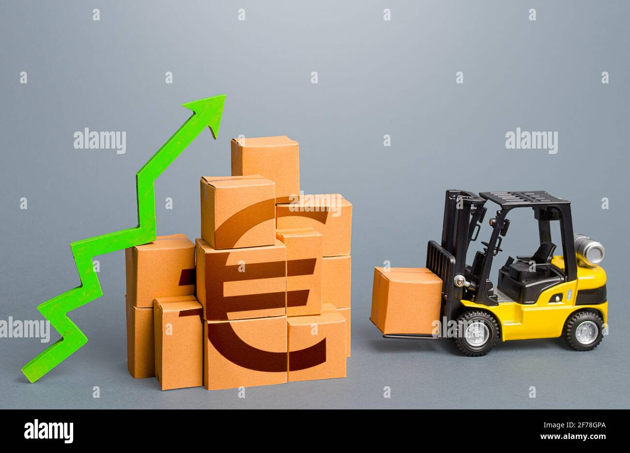 Forklift and stack of boxes with euro symbol and green up arrow. Sales growth concept. Production, freight of goods. Increase imports and exports, eco Stock Photo
