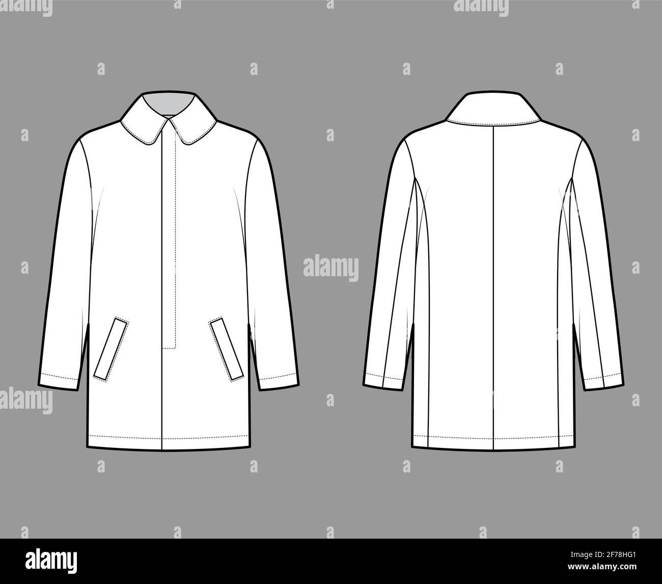 Car coat technical fashion illustration with long sleeves, round lapel ...