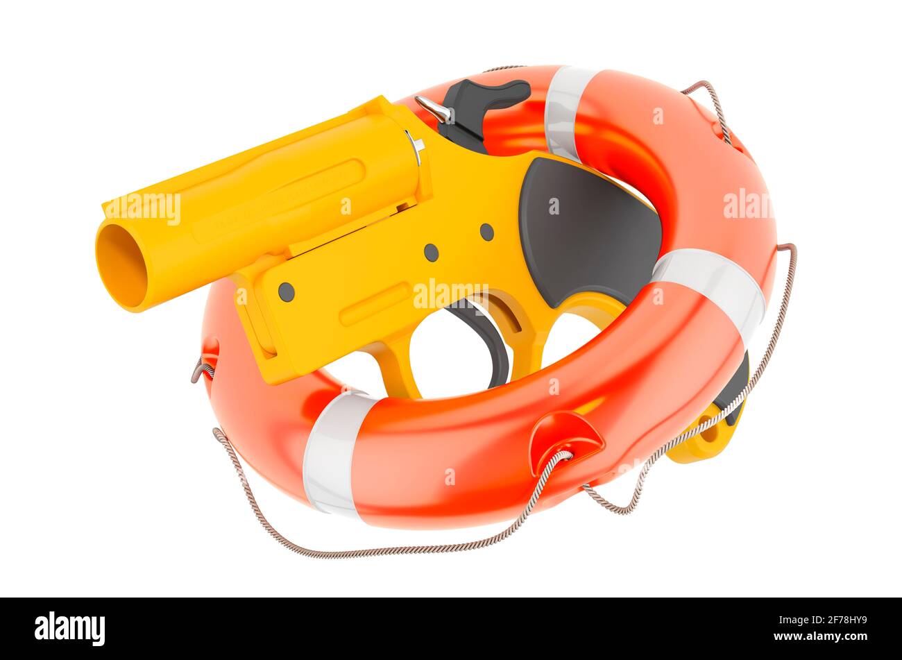 Signal pistol with lifebelt, 3D rendering isolated on white background Stock Photo