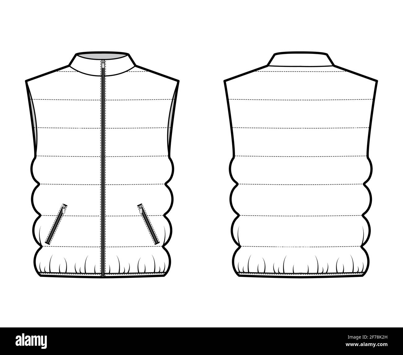 Down vest puffer waistcoat technical fashion illustration with sleeveless, stand collar, zip-up closure, pockets, oversized. Flat template front, back, white color style. Women, unisex top CAD mockup Stock Vector