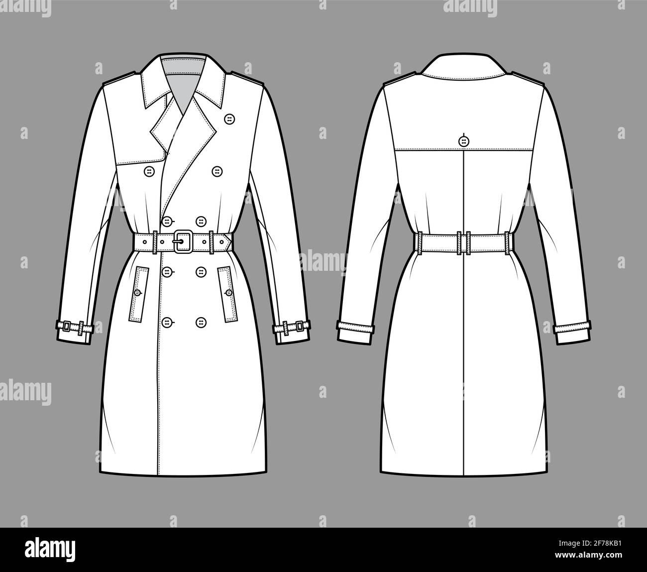 Trench coat technical fashion illustration with belt, fitted, long ...