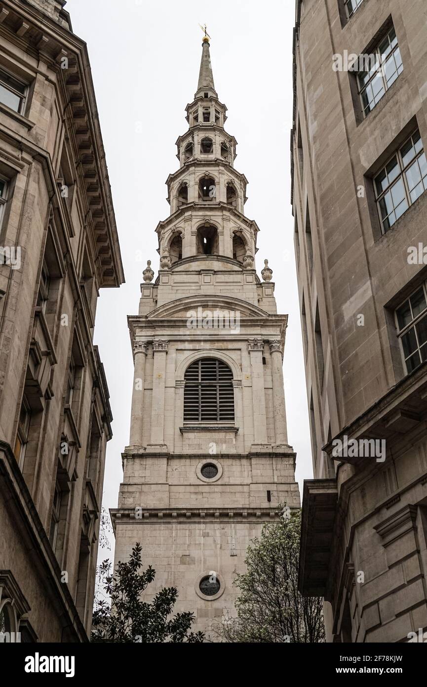 Spire of St Bride's Church on Fleet Street, London, England United Kingdom UK Stock Photo
