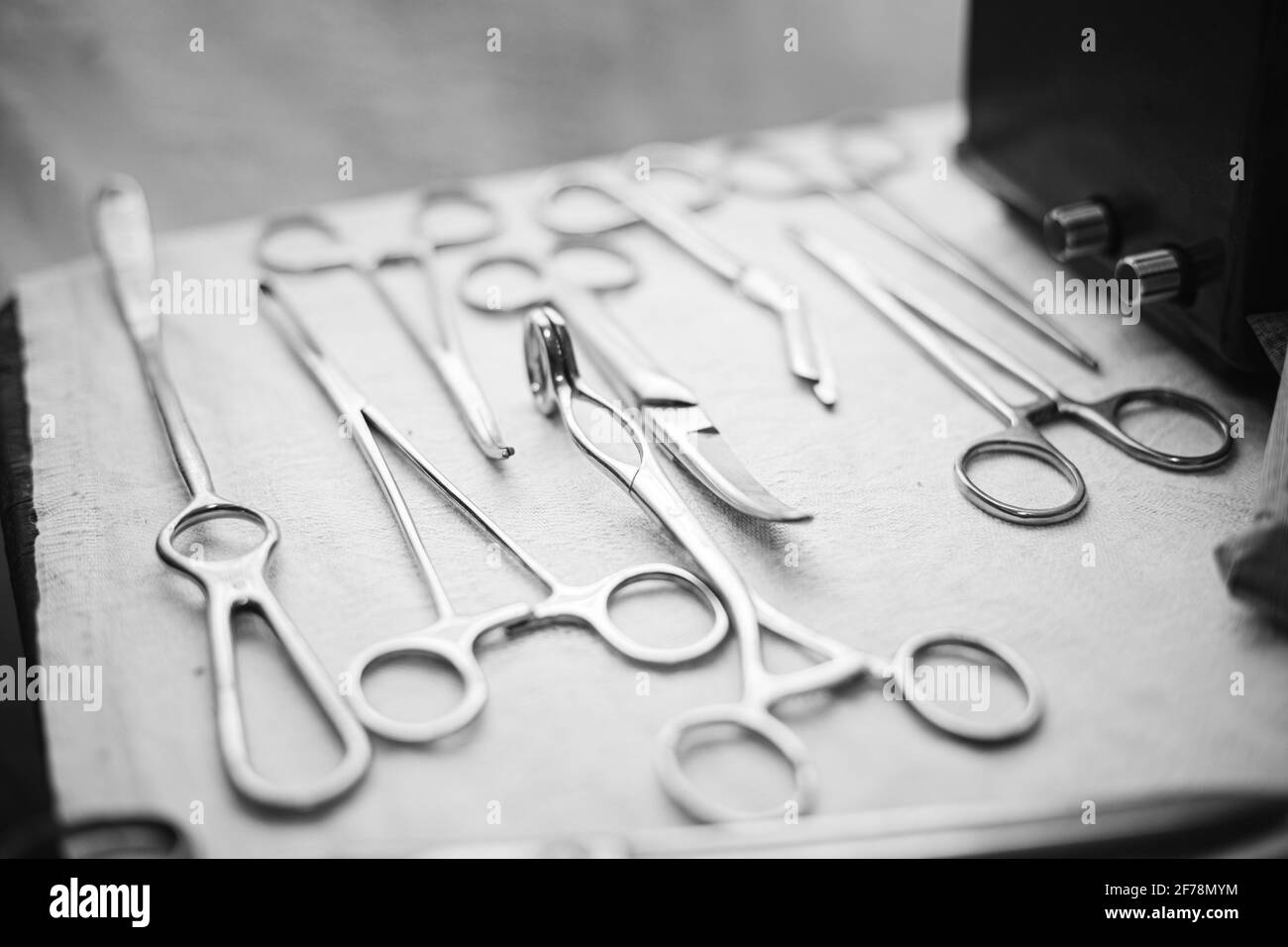 Old medical and surgical instruments. German Deutsch Wehrmacht World War II Times Many Old surgical instruments For surgery. WWII WW2. Black And White Stock Photo
