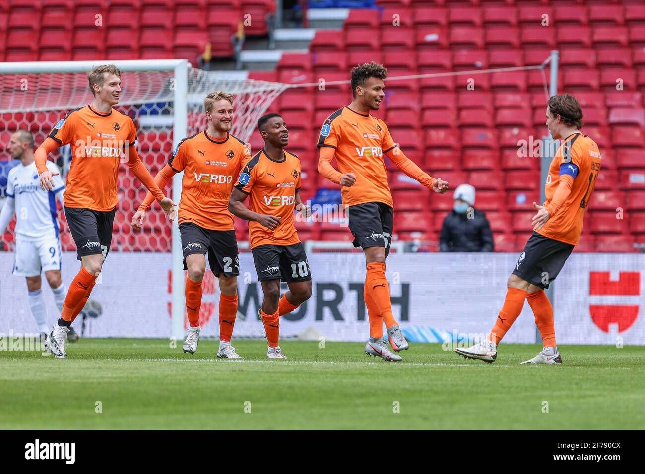 Copenhagen, Denmark. 5th Apr, 2021. Marvin Egho (45) of Randers FC scores and celebrates during the 3F Superliga match between FC Copenhagen and Randers FC in Parken Stadium in Copenhagen. (Photo Credit: Gonzales Photo/Alamy Live News Stock Photo